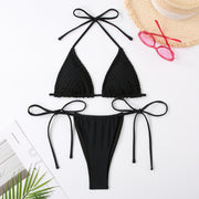 Split bikini swimsuit women's lace up tight and sexy neck hanging women's fashionable solid color swimsuit