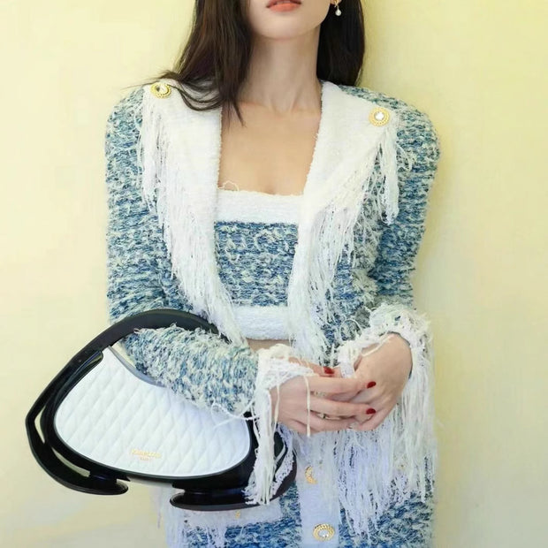 Trendy women's blue and white tassel cardigan jacket paired with knitted top for women's age reduction