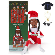 Resin doll peeks at bent Christmas elf doll, black felt doll Snoop on a Stoop