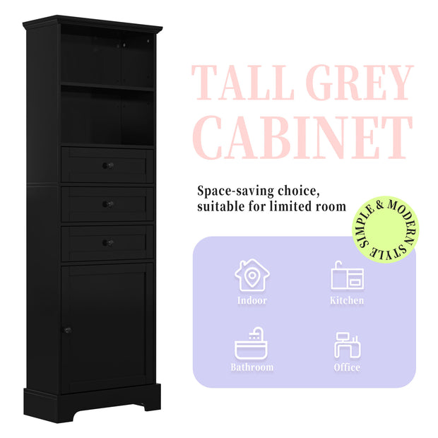 Black high storage cabinet with 3 drawers and adjustable shelves, MDF board painted