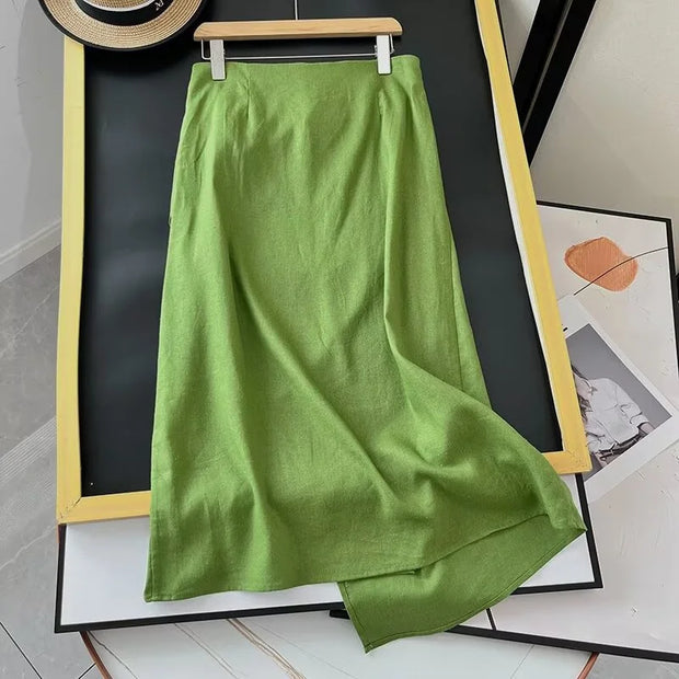 New Launch Women's High-waisted MIDI Skirt Front Knot Decoration Asymmetrical Elegant Slim Blended A-line Skirt