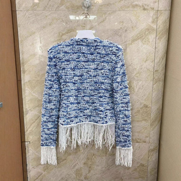 Trendy women's blue and white tassel cardigan jacket paired with knitted top for women's age reduction