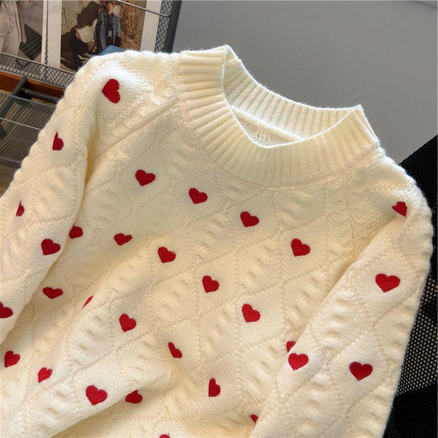 Round neck knitted sweater for women in autumn, embroidered with love, casual and versatile, sweet and stylish, long sleeved sweater for women