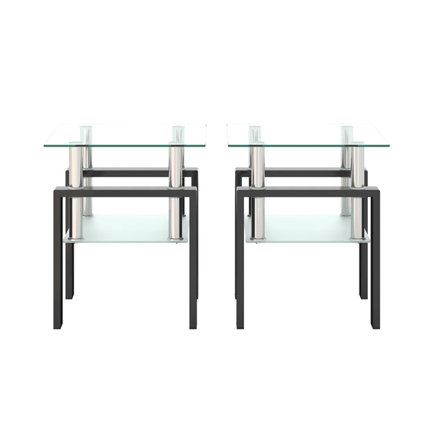 Set of 2, Modern Tempered Glass Tea Table Coffee Table End Table, Square Table for Living Room, Transparent/Black