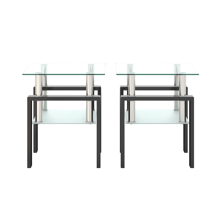 Set of 2, Modern Tempered Glass Tea Table Coffee Table End Table, Square Table for Living Room, Transparent/Black