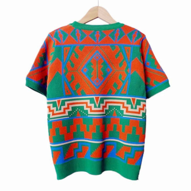 Geometric contrasting jacquard women's knitted shirt top short sleeved pullover slim fit round neck T-shirt