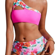 Split swimsuit bikini high waisted single shoulder double-sided plant printed swimsuit