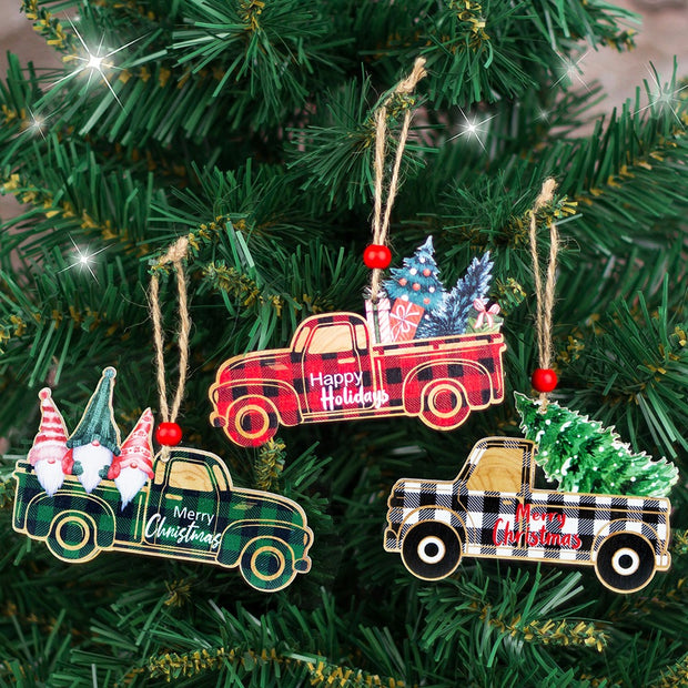 Christmas Decorations Wooden Plaid Car Santa Claus Christmas Tree Hanging Decorations Colorful Christmas Wooden Pendants