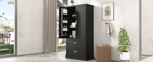 Tall Bathroom Storage Cabinet, Cabinet with Two Doors and Drawers, Adjustable Shelf, MDF Board, Black