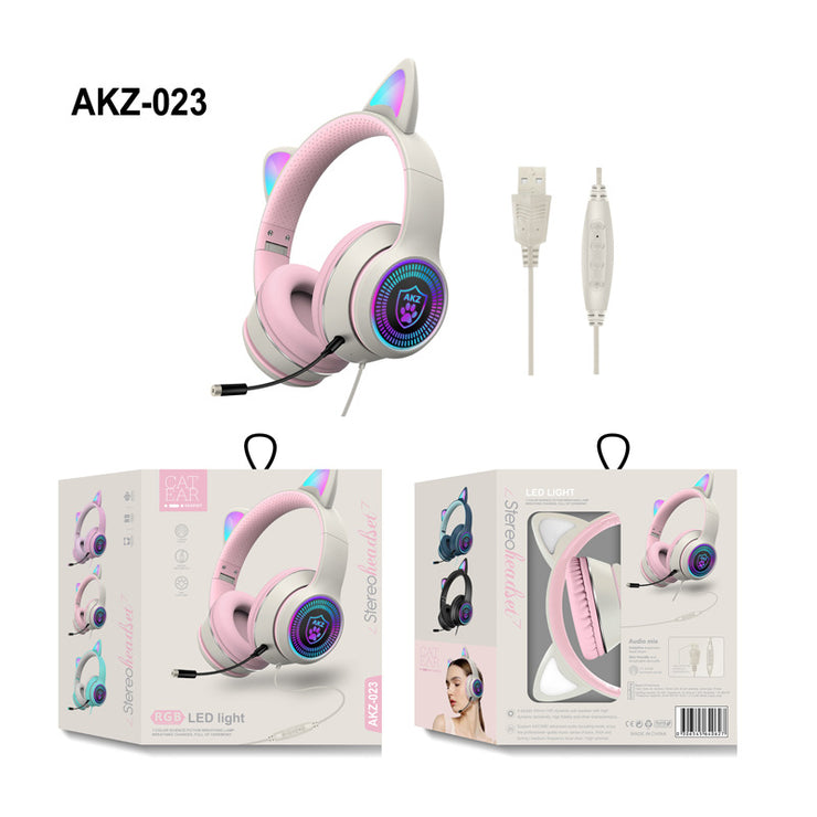 AKZ-023 New RGB Luminous Cat Ear Wired Headset USB With Sound Card Game Headset Learning Headset