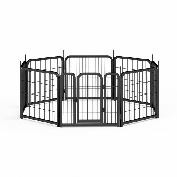 8-panel dog fence, 24 inch small dog pet fence, portable indoor pet game fence. Black, 22.2 inches wide x 23.6 inches high.