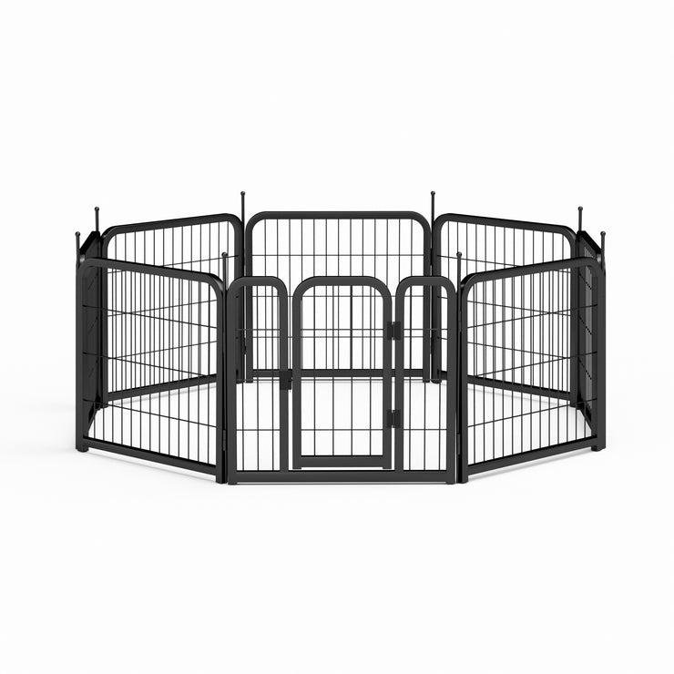 8-panel dog fence, 24 inch small dog pet fence, portable indoor pet game fence. Black, 22.2 inches wide x 23.6 inches high.