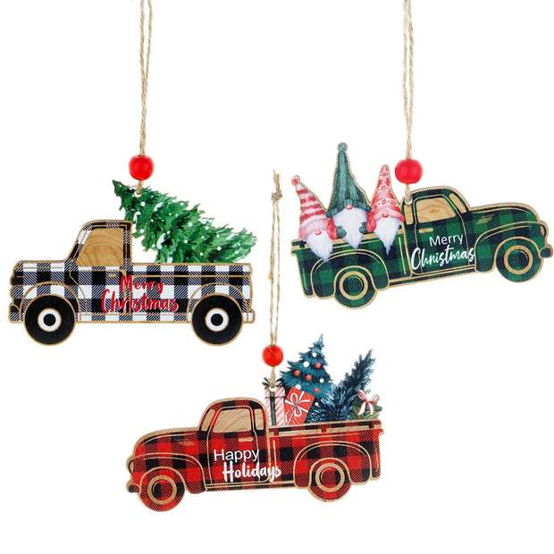 Christmas Decorations Wooden Plaid Car Santa Claus Christmas Tree Hanging Decorations Colorful Christmas Wooden Pendants