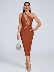 Bandage dress fashionable and sexy one shoulder slanted collar nail drill mesh dress - Follow yourDream