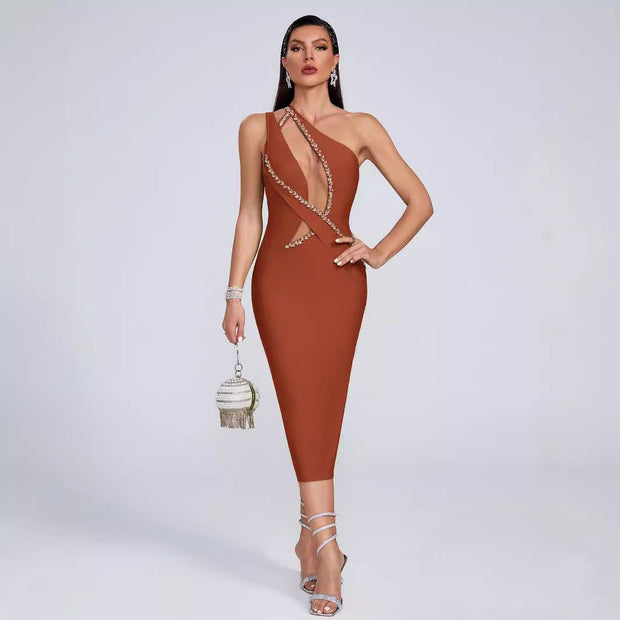 Bandage dress fashionable and sexy one shoulder slanted collar nail drill mesh dress - Follow yourDream
