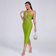 Bandage dress fashionable and sexy one shoulder slanted collar nail drill mesh dress - Follow yourDream