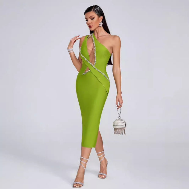 Bandage dress fashionable and sexy one shoulder slanted collar nail drill mesh dress - Follow yourDream
