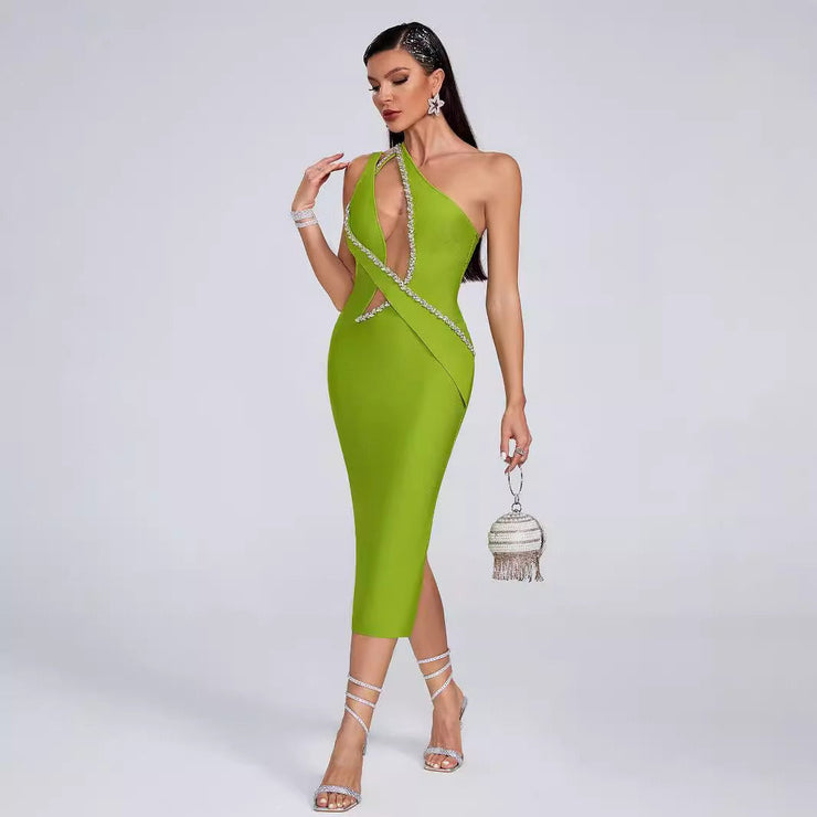 Bandage dress fashionable and sexy one shoulder slanted collar nail drill mesh dress - Follow yourDream