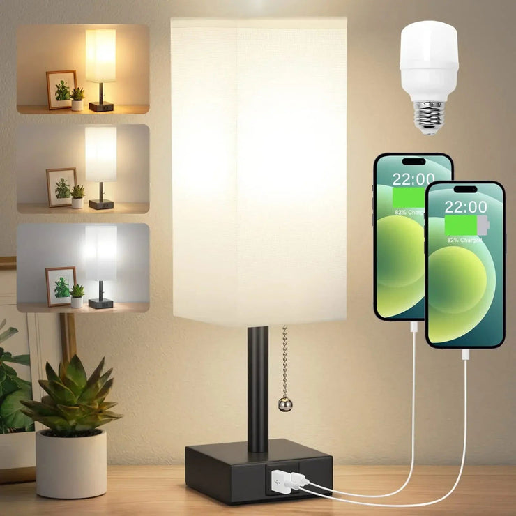 Bedside Table Lamp with USB C+A Ports Pull Chain Desk Lamp Usb Rechargeable AC85-265V Shade for Living Room Study Reading Light - Follow yourDream