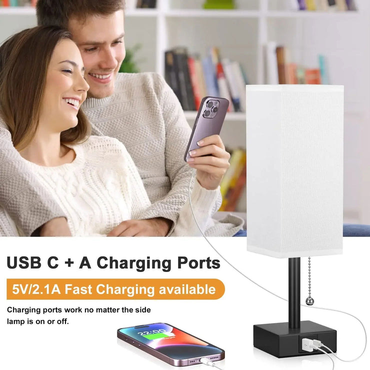 Bedside Table Lamp with USB C+A Ports Pull Chain Desk Lamp Usb Rechargeable AC85-265V Shade for Living Room Study Reading Light - Follow yourDream