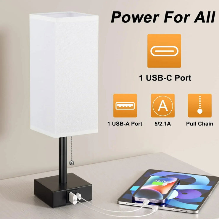 Bedside Table Lamp with USB C+A Ports Pull Chain Desk Lamp Usb Rechargeable AC85-265V Shade for Living Room Study Reading Light - Follow yourDream