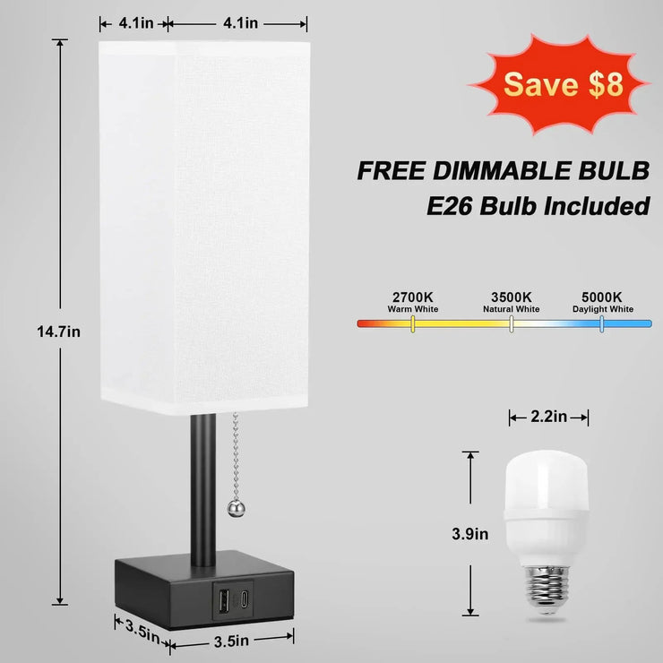 Bedside Table Lamp with USB C+A Ports Pull Chain Desk Lamp Usb Rechargeable AC85-265V Shade for Living Room Study Reading Light - Follow yourDream