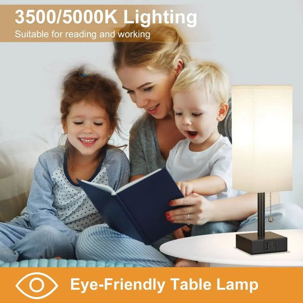 Bedside Table Lamp with USB C+A Ports Pull Chain Desk Lamp Usb Rechargeable AC85-265V Shade for Living Room Study Reading Light - Follow yourDream