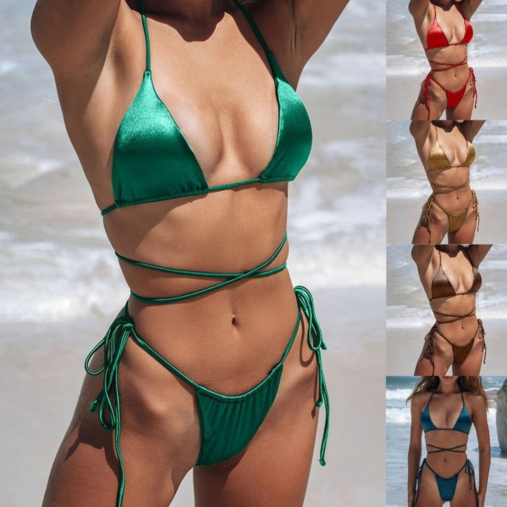 Bikini solid color strap double-sided material swimsuit split swimsuit - Follow yourDream
