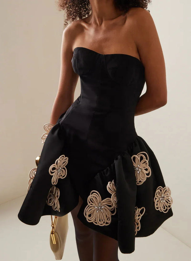 Black Color Women Sexy Strapless Florals Ball Grown Mini Bandage Dress Fashion Birthday Party Celebrate Cocktail Dress Wholesale - Follow yourDream