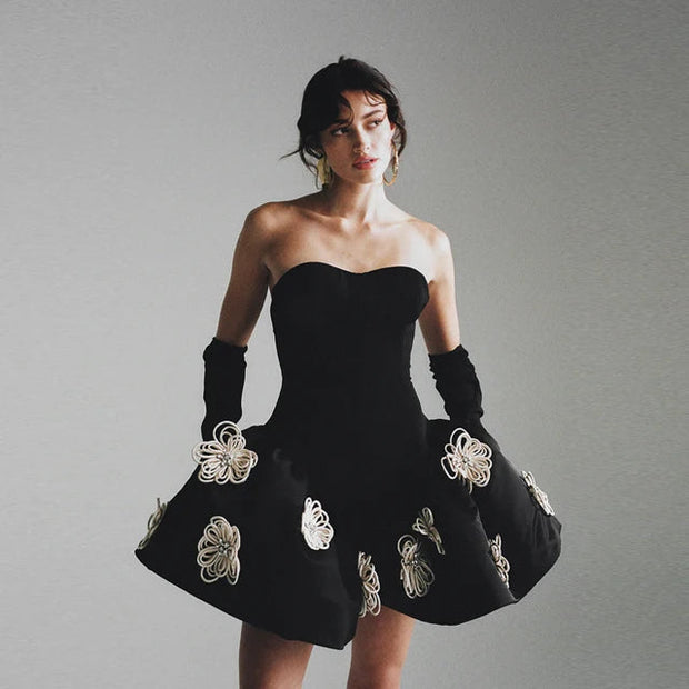 Black Color Women Sexy Strapless Florals Ball Grown Mini Bandage Dress Fashion Birthday Party Celebrate Cocktail Dress Wholesale - Follow yourDream