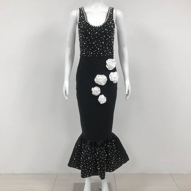 Black Color Women Sleeveless Sexy O-Neck Pearl Beading Bodycon Bandage Gown Dress Celebrate Fashion Evening Party Outfit Vestido - Follow yourDream