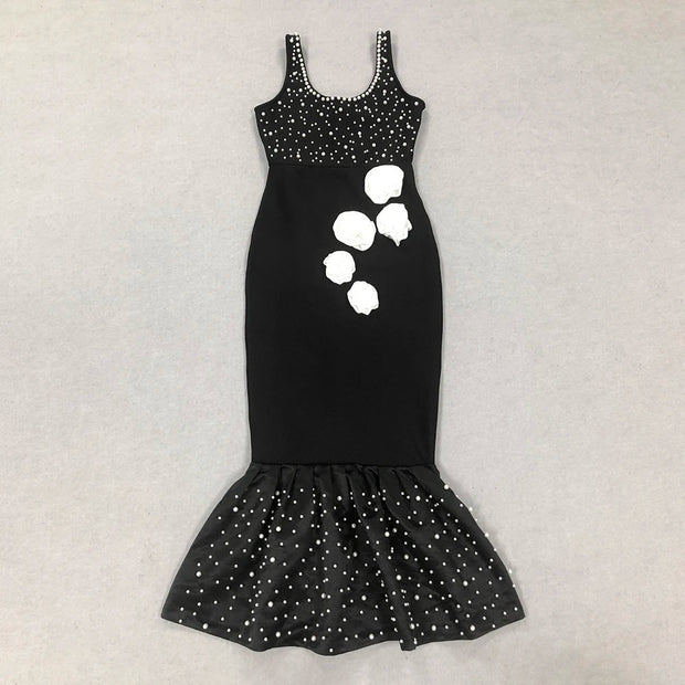 Black Color Women Sleeveless Sexy O-Neck Pearl Beading Bodycon Bandage Gown Dress Celebrate Fashion Evening Party Outfit Vestido - Follow yourDream