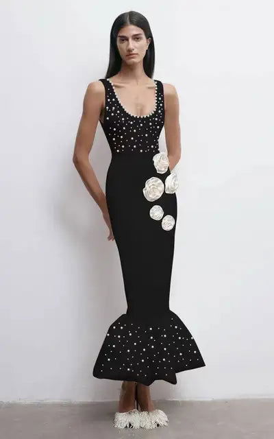 Black Color Women Sleeveless Sexy O-Neck Pearl Beading Bodycon Bandage Gown Dress Celebrate Fashion Evening Party Outfit Vestido - Follow yourDream