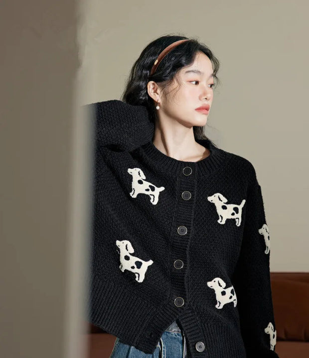 Black Dog Knit Sweater Cardigan Women Autumn Winter Long Sleeve O-neck Knitwear Tops Fashion Stylish Chic Ladies Jumpers Mujer - Follow yourDream