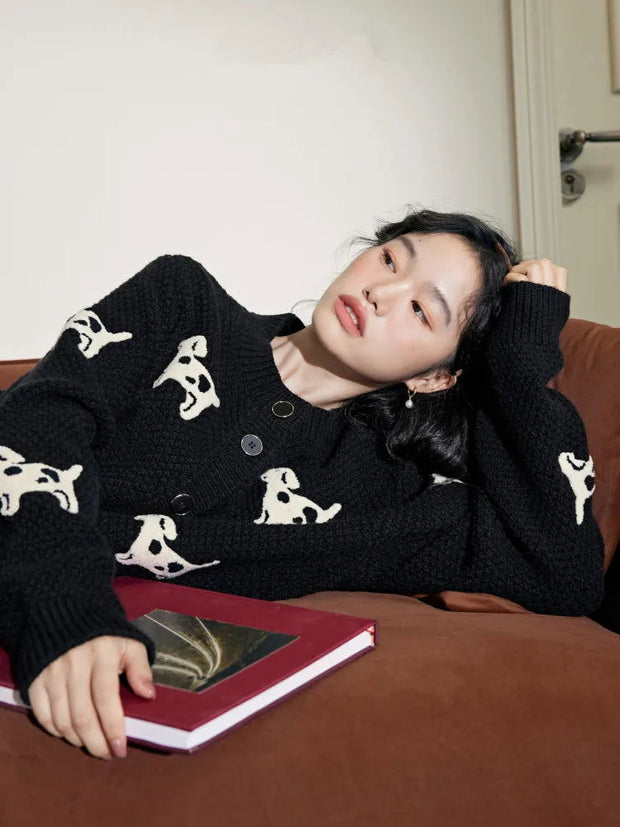 Black Dog Knit Sweater Cardigan Women Autumn Winter Long Sleeve O-neck Knitwear Tops Fashion Stylish Chic Ladies Jumpers Mujer - Follow yourDream