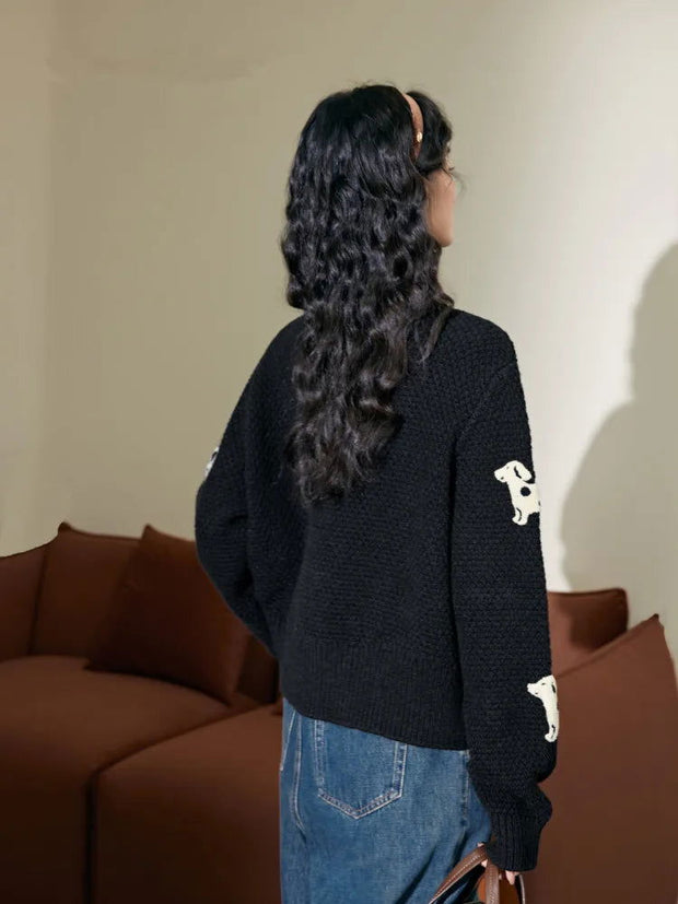 Black Dog Knit Sweater Cardigan Women Autumn Winter Long Sleeve O-neck Knitwear Tops Fashion Stylish Chic Ladies Jumpers Mujer - Follow yourDream