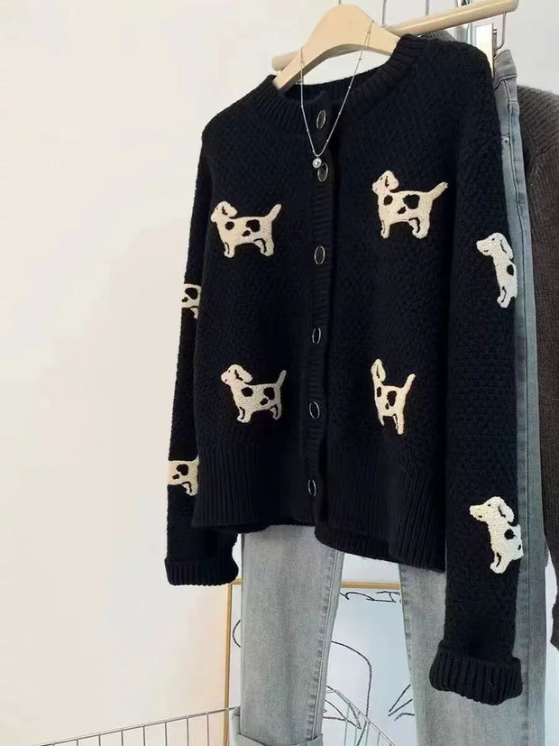 Black Dog Knit Sweater Cardigan Women Autumn Winter Long Sleeve O-neck Knitwear Tops Fashion Stylish Chic Ladies Jumpers Mujer - Follow yourDream