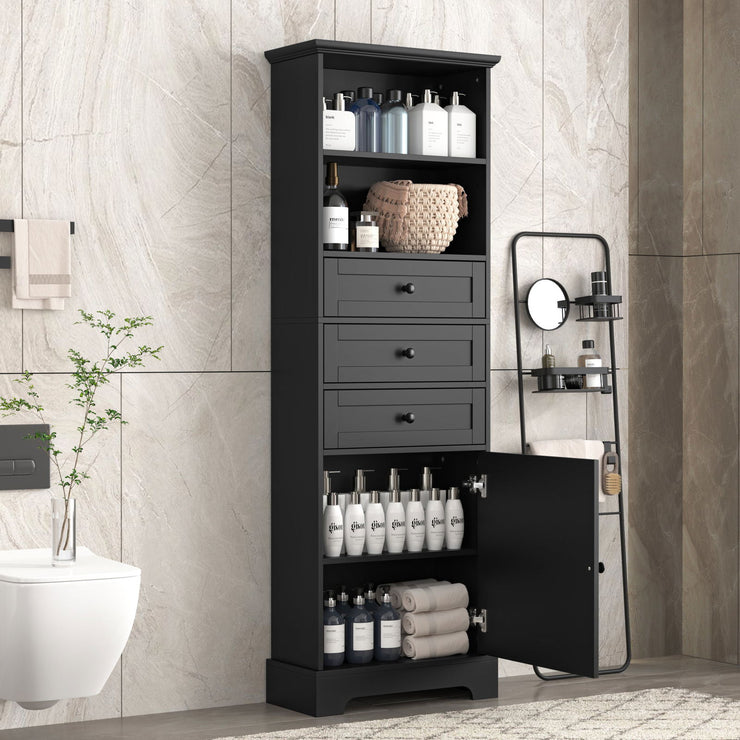 Black high storage cabinet with 3 drawers and adjustable shelves, MDF board painted - Follow yourDream