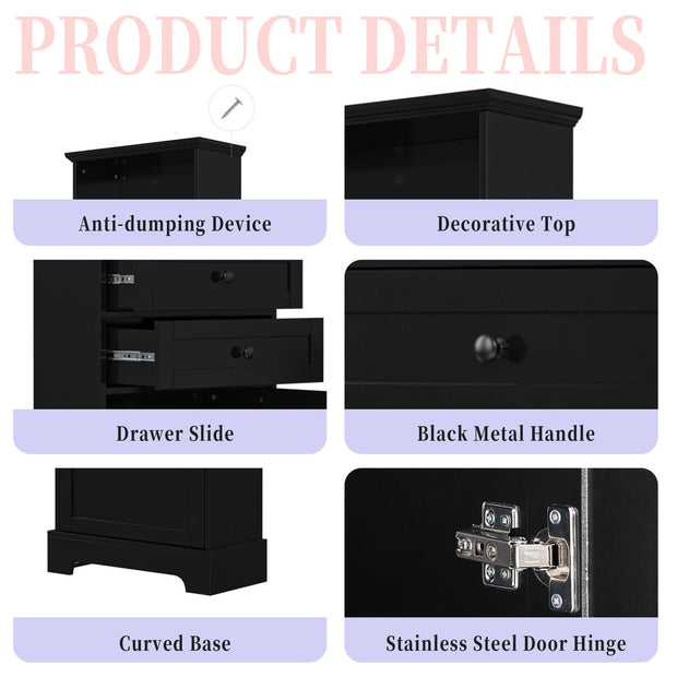 Black high storage cabinet with 3 drawers and adjustable shelves, MDF board painted - Follow yourDream