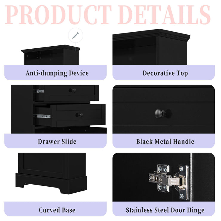 Black high storage cabinet with 3 drawers and adjustable shelves, MDF board painted - Follow yourDream
