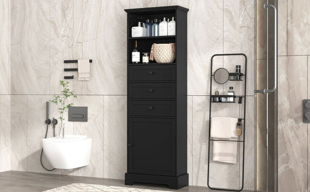 Black high storage cabinet with 3 drawers and adjustable shelves, MDF board painted - Follow yourDream