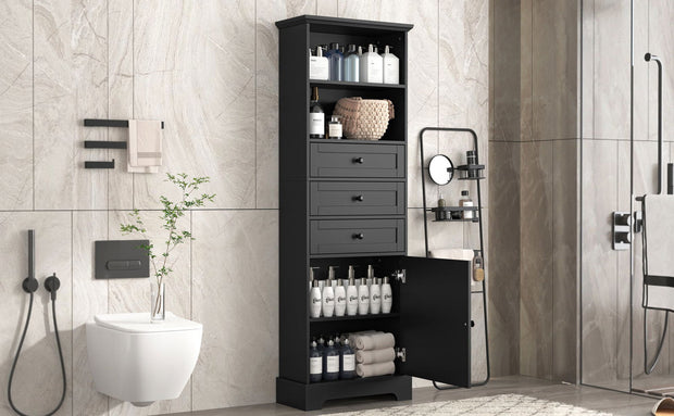 Black high storage cabinet with 3 drawers and adjustable shelves, MDF board painted - Follow yourDream