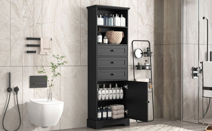 Black high storage cabinet with 3 drawers and adjustable shelves, MDF board painted - Follow yourDream