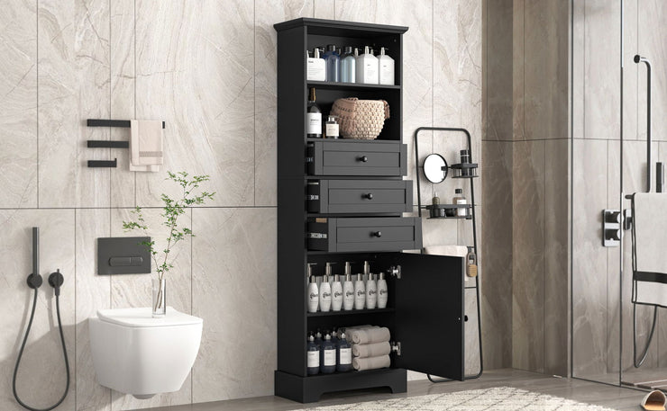Black high storage cabinet with 3 drawers and adjustable shelves, MDF board painted - Follow yourDream