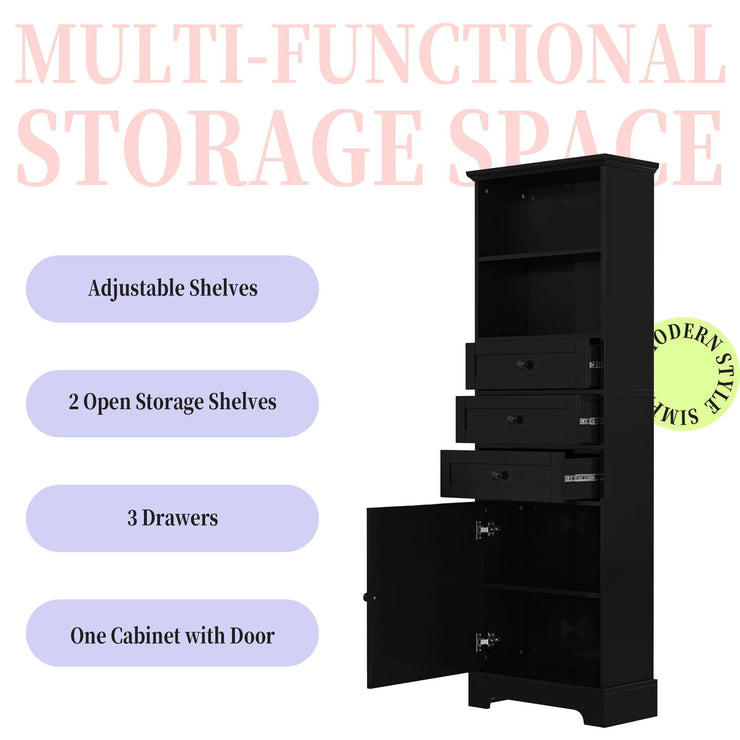 Black high storage cabinet with 3 drawers and adjustable shelves, MDF board painted - Follow yourDream