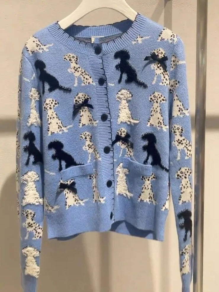 Blue Jacquard Knit Cardigan Sweater For Women Casual Fashion Elegant Ladies Knitwear Tops  Autumn Long Sleeve O-neck Jumpers - Follow yourDream