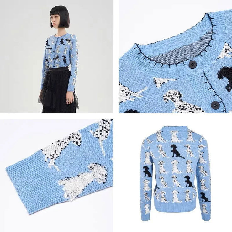 Blue Jacquard Knit Cardigan Sweater For Women Casual Fashion Elegant Ladies Knitwear Tops  Autumn Long Sleeve O-neck Jumpers - Follow yourDream