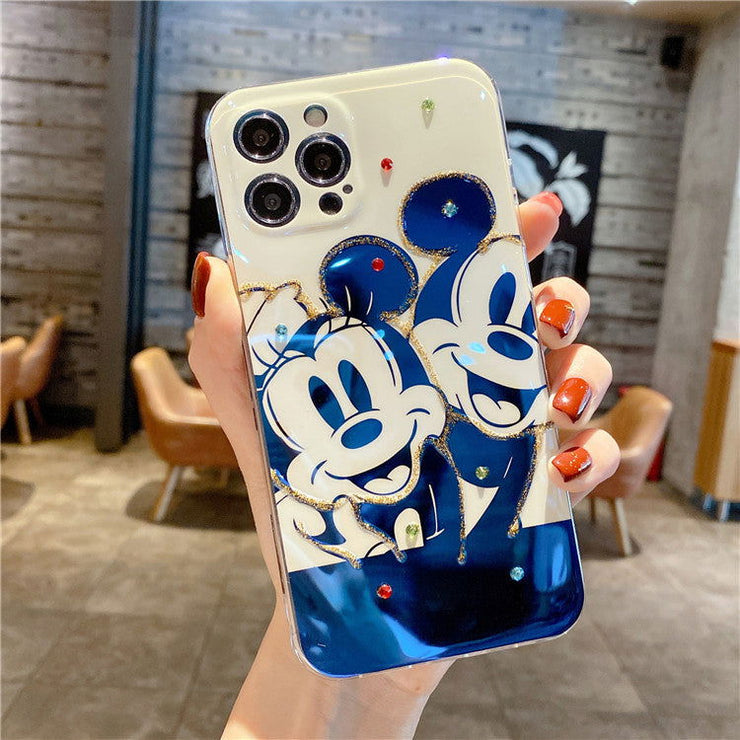 Blue light black-and-white Mickey is suitable for iPhone 12 / 11promax mobile phone case with flash drill and glue dropping - Follow yourDream