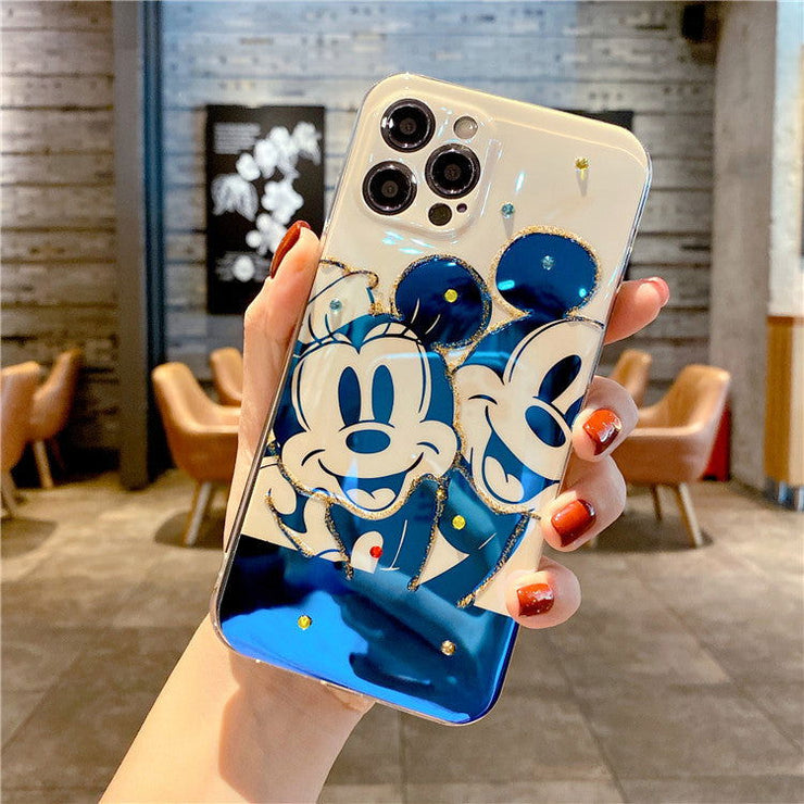 Blue light black-and-white Mickey is suitable for iPhone 12 / 11promax mobile phone case with flash drill and glue dropping - Follow yourDream