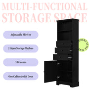 Black high storage cabinet with 3 drawers and adjustable shelves, MDF board painted